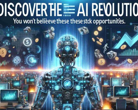 A high-definition, realistic image representing the concept of discovering the AI revolution. It shows a futuristic technological environment with various elements of Artificial Intelligence, such as robots, computers, and data charts. The visual scene will be filled with symbols of stock trading opportunities, including stock market charts rising, coins raining from the sky, and icons of wealth. The text 'Discover the AI Revolution! You Won’t Believe These Stock Opportunities' is prominently displayed in creative typography.