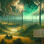 Detailed photo in high definition of a modern wind farm with its towering wind turbines spread across a lush green landscape. The scene is imbued with an aura of mystery, signaling a radical shift in energy production. Featured in the foreground is a guide commenting about the paradigm-shifting capacities of wind energy, alongside potential drawbacks that might stir controversy. The atmosphere of the image signals the oscillation between optimism and concerns - it's a portrayal of the duality of progress, captured in the realm of renewable energy.