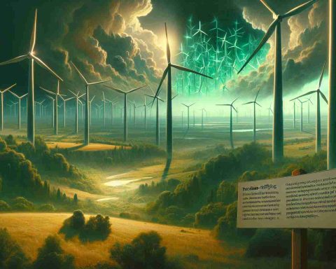 Detailed photo in high definition of a modern wind farm with its towering wind turbines spread across a lush green landscape. The scene is imbued with an aura of mystery, signaling a radical shift in energy production. Featured in the foreground is a guide commenting about the paradigm-shifting capacities of wind energy, alongside potential drawbacks that might stir controversy. The atmosphere of the image signals the oscillation between optimism and concerns - it's a portrayal of the duality of progress, captured in the realm of renewable energy.