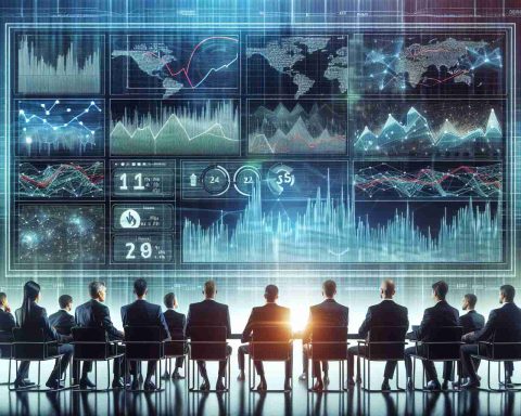 Generate an image depicting a group of business professionals of varying genders and descents intently watching a large screen displaying dynamic charts related to the Energy Market. The picture needs to be a realistic, HD quality image depicting the heightened scrutiny of the Energy Market from AGL Investors.