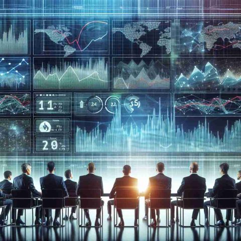 Generate an image depicting a group of business professionals of varying genders and descents intently watching a large screen displaying dynamic charts related to the Energy Market. The picture needs to be a realistic, HD quality image depicting the heightened scrutiny of the Energy Market from AGL Investors.