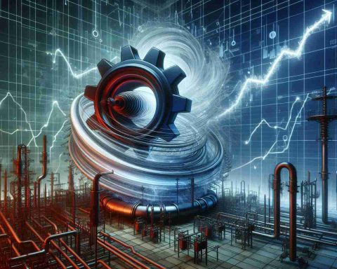 Illustration of an abstract and symbolic representation of a major twist in the energy sector. Depict this as a scene in which a giant gear, representing a major player in the sector, is surprisingly changing its direction in a dramatic fashion. The gear is placed in the middle of an intricate and complex network of seemingly floating energy grids and pipelines. The background should resemble a stock market chart, with lines graphing an unexpected increase in value. The scene should have a realistic, high definition appearance.