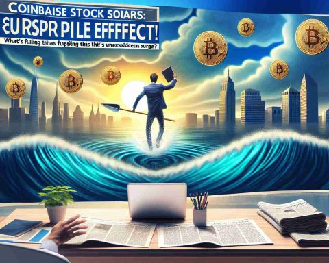 Create a realistic HD news headline image containing the phrase 'Coinbase Stock Soars: Surprising Ripple Effect! What's Fueling This Unforeseen Surge?'