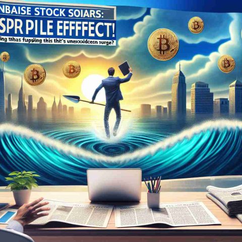 Create a realistic HD news headline image containing the phrase 'Coinbase Stock Soars: Surprising Ripple Effect! What's Fueling This Unforeseen Surge?'