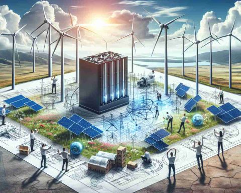 Create a high-definition image that depicts a revolutionary scenario in the world of clean energy. This revolution is led by the innovative technology of fuel cell energy. Imagine a breathtaking landscape with wind turbines and solar panels, and in the middle, a high-tech device that represents the fuel cell energy technology. People of different genders and descents are actively working around it, showcasing unity and teamwork in striving towards a cleaner, more efficient future. Their blueprint plans and diagrams are spread out, making it clear this is a groundbreaking initiative in sustainable living.