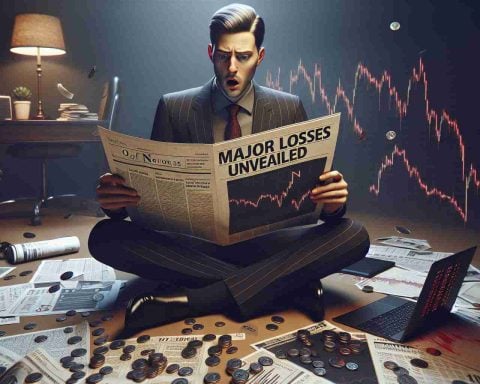 Generate a high-definition, realistic image that portrays the concept of an unexpected financial shock. Visualize a person holding a newspaper with the headline 'Major Losses Unveiled', the person should be of Caucasian descent, dressed in formal attire with a shocked expression. Surrounding elements such as declining graphs and charts, scattered coins and bills, a desktop with a laptop displaying red figures can further amplify the scene. The atmosphere should be somber with dim, soft lighting.