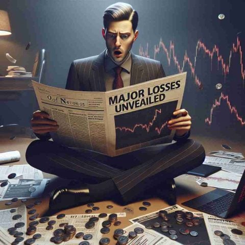 Generate a high-definition, realistic image that portrays the concept of an unexpected financial shock. Visualize a person holding a newspaper with the headline 'Major Losses Unveiled', the person should be of Caucasian descent, dressed in formal attire with a shocked expression. Surrounding elements such as declining graphs and charts, scattered coins and bills, a desktop with a laptop displaying red figures can further amplify the scene. The atmosphere should be somber with dim, soft lighting.