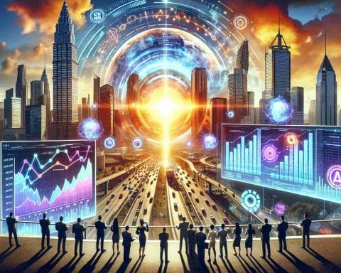 Generate a detailed and vibrant image depicting the concept of a remarkable turnaround in fortunes due to the implementation of Artificial Intelligence, an element often associated with technology companies. The scene showcases a metaphorical sunrise, representing new beginnings, over a futuristic cityscape that is dominated by technologically advanced skyscrapers, billboards showing graphs indicating a drastic positive shift, and people (Asian, Middle Eastern, Black, Hispanic) using futuristic AI devices. Note: This image does not represent any specific, named company.