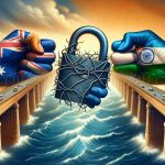 An artistic representation of Australia and India engaging in symbolic strategic partnerships, represented by strong bridges or bondings depicted in a realistic and HD style. However, there's a twist - depict a figurative 'catch' or challenge within the image such as a giant lock on the bridge, or a rough sea separating the two lands.