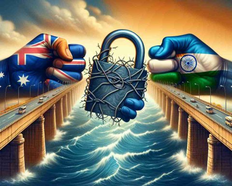 An artistic representation of Australia and India engaging in symbolic strategic partnerships, represented by strong bridges or bondings depicted in a realistic and HD style. However, there's a twist - depict a figurative 'catch' or challenge within the image such as a giant lock on the bridge, or a rough sea separating the two lands.