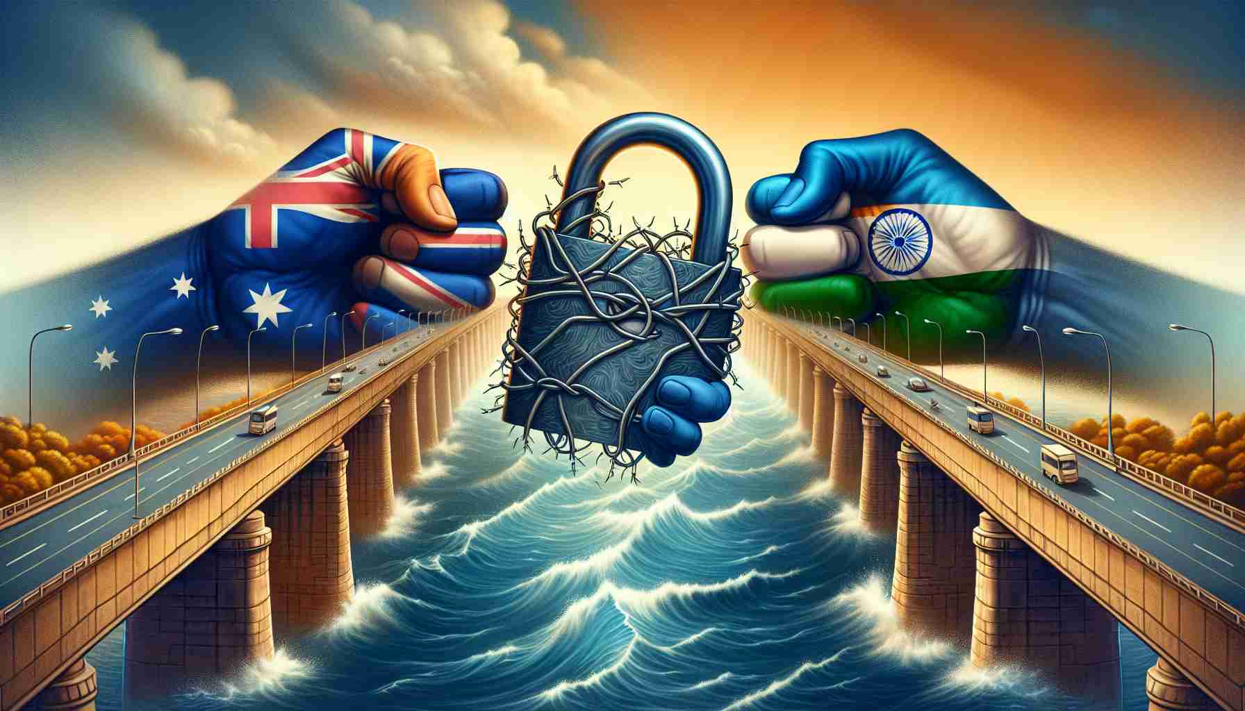 An artistic representation of Australia and India engaging in symbolic strategic partnerships, represented by strong bridges or bondings depicted in a realistic and HD style. However, there's a twist - depict a figurative 'catch' or challenge within the image such as a giant lock on the bridge, or a rough sea separating the two lands.