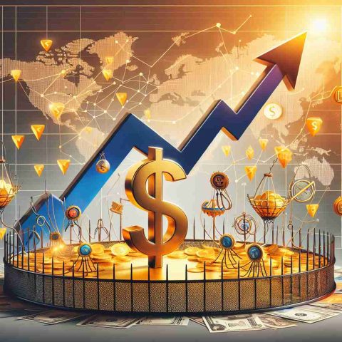 Create a realistic HD image representing the concept of the dollar's rise with symbolisms of opportunities for India. However, include an element illustrating a potential catch or downside. This could be displayed as a graph with an upward-trending dollar sign, an Indian map filled with golden opportunities like technology symbols, new infrastructure and so on. Contrast this with a catch, such as a snare or a trap, subtly incorporated into the image.