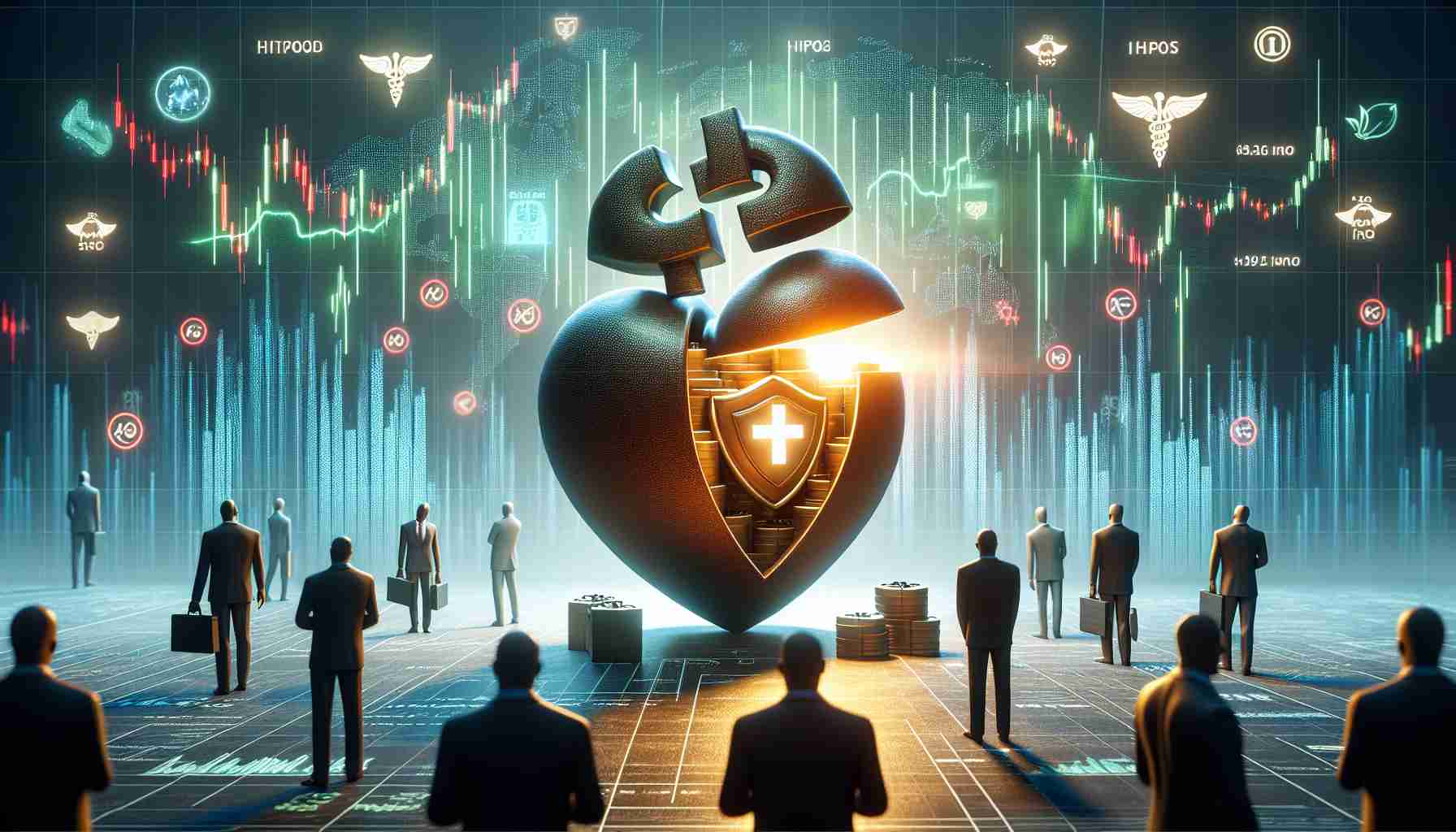 A high-definition, photorealistic image capturing the abstract concept of hidden investors acquiring shares in a significant healthcare company's Initial Public Offering (IPO) before it goes public. The scene should symbolize transactions or trading, with stock market charts and healthcare symbols. No specific people should be visualized.