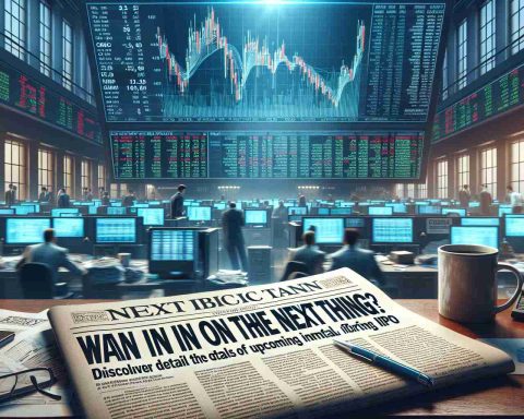 Realistic high-definition image of a newspaper headline reading 'Want in on the Next Big Thing? Discover the Details of Next Big Corporation's Upcoming Initial Public Offering (IPO)'. The background should feature a bustling stock market atmosphere with traders rushing around, broad monitors displaying graphs and numbers. Add detail like the morning coffee cup on the desk, papers scattered around, and phones ringing to capture the essence of the intense and high-energy financial world.