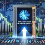 Generate realistic high-definition image featuring energetic stock market setting with positive graphs and pie charts pointing upwards, With a door representing opportunity in the center, on which a digital billboard with text 'Is Opportunity Knocking for Enlight Renewable Energy?' is displayed