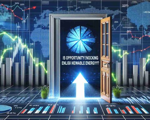 Generate realistic high-definition image featuring energetic stock market setting with positive graphs and pie charts pointing upwards, With a door representing opportunity in the center, on which a digital billboard with text 'Is Opportunity Knocking for Enlight Renewable Energy?' is displayed