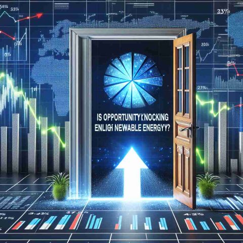 Generate realistic high-definition image featuring energetic stock market setting with positive graphs and pie charts pointing upwards, With a door representing opportunity in the center, on which a digital billboard with text 'Is Opportunity Knocking for Enlight Renewable Energy?' is displayed