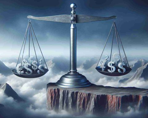 A realistic high-definition image depicting a metaphorical representation of major market moves. This could be a large, finely balanced scale with currency symbols on one side and stock symbols on the other, situated on a cliff edge, showcasing the precariousness and unpredictability of the economy.