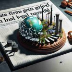 Generate a realistic high definition image showcasing a headline about state firms getting mired in legal turmoil, with a shift in focus towards clean energy as the new leading sector. This image can include imagery of legal documents, gavels, and scales signifying the justice system, contrasting with images of wind turbines, solar panels, and other symbols of clean energy. The headline can be dominant in the scene, perhaps occupying a large section of a newspaper or digital news screen.