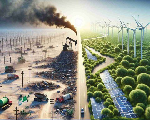 A high-resolution, realistic representation of a conceptual scene representing the shift in America's energy sector. Include elements such as deserted oil drilling sites symbolizing the energy bust, on one side. On the other, feature green energy sources like windmills and solar panels to symbolize the energy boom. The transition between the two should capture the power shift in a dramatic yet subtle way.