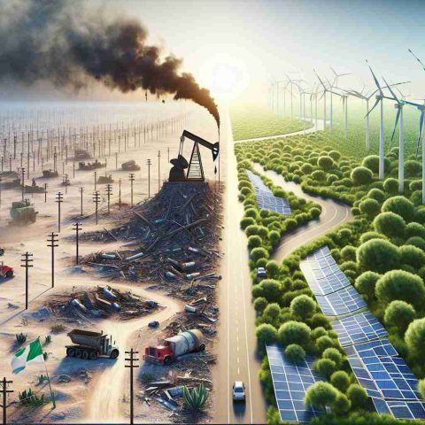 A high-resolution, realistic representation of a conceptual scene representing the shift in America's energy sector. Include elements such as deserted oil drilling sites symbolizing the energy bust, on one side. On the other, feature green energy sources like windmills and solar panels to symbolize the energy boom. The transition between the two should capture the power shift in a dramatic yet subtle way.