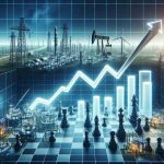 Generate a high definition, realistic image that symbolically represents the concept of 'unexpected growth and strategic moves' within an energy company context. The image could include elements like a rising graph line implying growth, 3D chess pieces strategically moving across a game board, incorporated within an energy-themed backdrop such as an oil rig, gas pipelines, or renewable energy sources like wind turbines or solar panels. Please ensure no real company logos or names are used in the image.