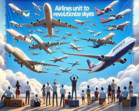 A realistic high-definition scene depicting the conceptual notion of airlines uniting to revolutionize skies. The image portrays an assemblage of different airplanes from various airlines converging in a formation in the sky, representing their unity. Above them is a banner with the text: 'Airlines Unite to Revolutionize Skies.' Below that, there are people from different descents looking up excitedly, embodying travelers. They appear enthusiastic and curious, thus capturing the expected benefits to travelers. The background is a clear blue sky with puffy white clouds, and the presence of technology suggests a future-forward approach in aviation.