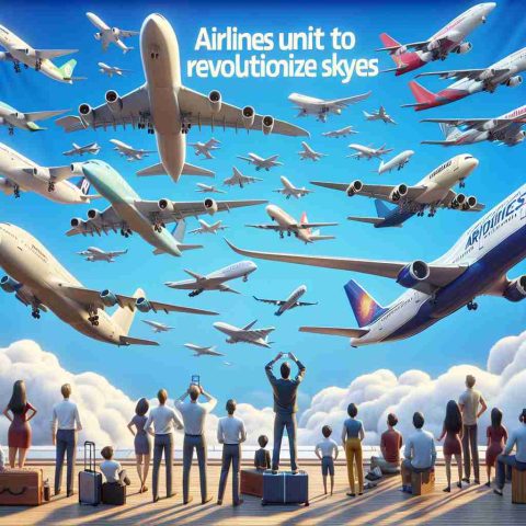 A realistic high-definition scene depicting the conceptual notion of airlines uniting to revolutionize skies. The image portrays an assemblage of different airplanes from various airlines converging in a formation in the sky, representing their unity. Above them is a banner with the text: 'Airlines Unite to Revolutionize Skies.' Below that, there are people from different descents looking up excitedly, embodying travelers. They appear enthusiastic and curious, thus capturing the expected benefits to travelers. The background is a clear blue sky with puffy white clouds, and the presence of technology suggests a future-forward approach in aviation.