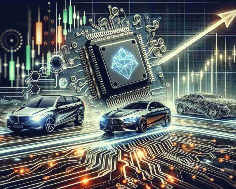 A detailed, high definition digital representation showcasing the power of artificial intelligence as a major driving factor for the growth of a generic electric car company. The image should depict symbolic elements like futuristic cars, advanced AI chips, and stock growth charts, emphasizing the intertwined relationship between technological innovation and stock market performance.