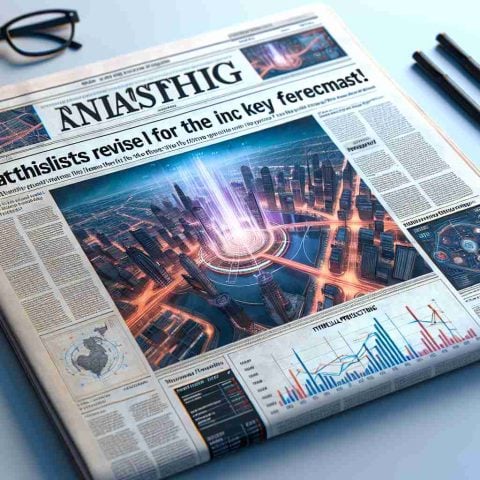 Realistically detailed image of a newspaper headline, reading 'Analysts Revive Key Forecast! What this means for the Future of the Tech Giant?' The image should be set in a high-definition newspaper layout with believable features like columns of text, smaller subheadings, a couple of relevant images, and an interactive graphic detailing financial projections. The overall tone should be newsy and professional.