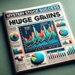 A high-definition, realistic illustration of a financial newspaper or magazine cover featuring the headline 'Mystery Stock Success: Huge Gains!' surrounded by bar graphs and pie charts displaying upward trends, accompanied by sidebars titled 'Key Insights Revealed'. The colors used should contrast well, ensuring a clear representation of the financial data.