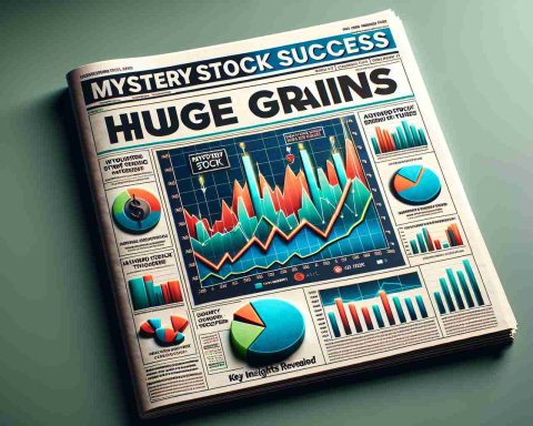 A high-definition, realistic illustration of a financial newspaper or magazine cover featuring the headline 'Mystery Stock Success: Huge Gains!' surrounded by bar graphs and pie charts displaying upward trends, accompanied by sidebars titled 'Key Insights Revealed'. The colors used should contrast well, ensuring a clear representation of the financial data.