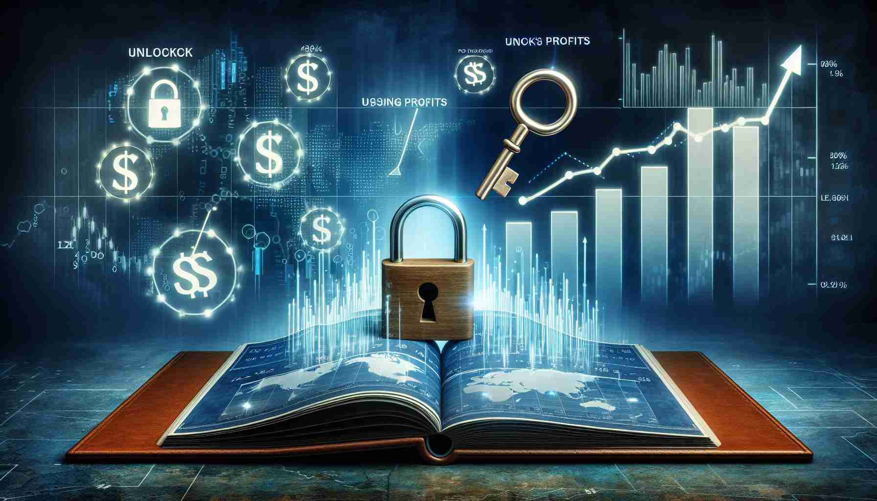 A high-definition, realistic image featuring a scene representing the concept of unlocking profits and discovering how Initial Public Offerings (IPOs) drive business content. It could contain symbols such as keys, locks, rising graphs, stock market charts, and a business style environment.