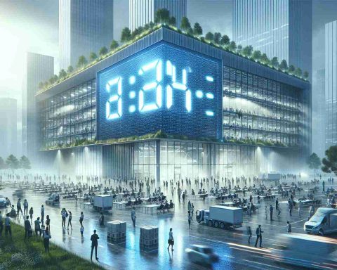 Create a high-definition, realistic image of a large energy company named 'Eos Energy', preparing for a significant event. The atmosphere is full of anticipation and excitement, with people working tirelessly around the clock. The architecture of their headquarter building is futuristic and eco-friendly, showcasing their commitment to renewable energy. Display a large digital countdown timer on the building façade, indicating that a big day is imperatively approaching.