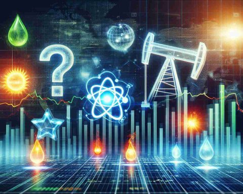 An ultra high-definition photo representing the metaphor of 'Energy Market Shakeup'. Visualize a large, modern, fluctuating stock market chart displaying the energy sector, showing a significant downturn. Overlay this imagery with symbols of energy like a stylized oil derrick, a shining sun (for solar energy), an atom (for nuclear energy), and a windmill (for wind energy). These symbols appear shaken to represent the market disruption. Let's have a big question mark lingering above the chart, symbolizing the questions on the cause of the downturn.