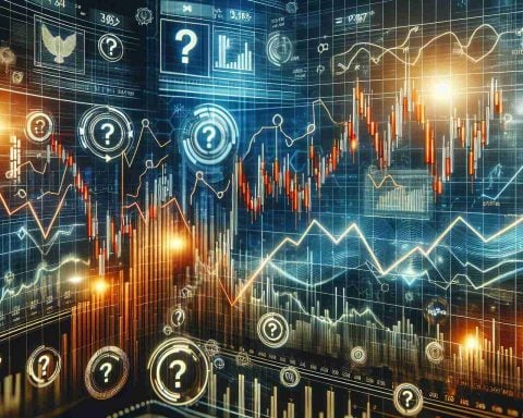 Create a high definition, hyper-realistic image of a digital stock market chart showing sudden fluctuations. Indicate that the stock in question is for a technology-based cryptocurrency company, without naming any specific company. Include some symbolic elements, like arrows and question marks, to indicate uncertainty and the need for investors to analyze the situation.