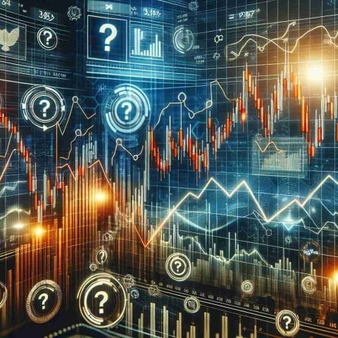 Create a high definition, hyper-realistic image of a digital stock market chart showing sudden fluctuations. Indicate that the stock in question is for a technology-based cryptocurrency company, without naming any specific company. Include some symbolic elements, like arrows and question marks, to indicate uncertainty and the need for investors to analyze the situation.