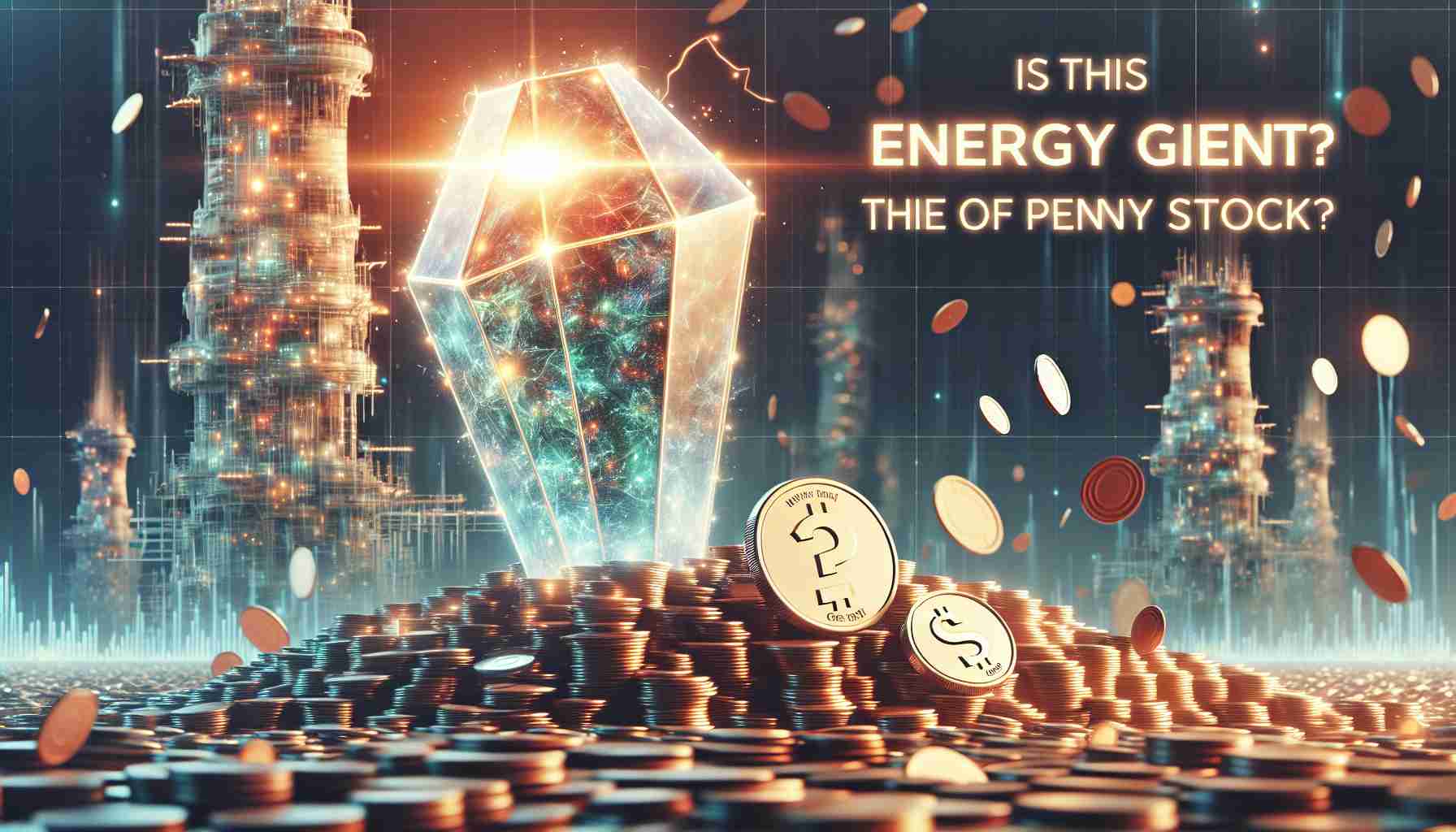 A high-resolution, realistic digital image featuring the text 'Is This Energy Giant The Hidden Gem Of Penny Stocks?' set against a backdrop of small, glinting coins that represent penny stocks. In the foreground, there's an illustrious gem, emitting light, cleverly symbolizing the potential hidden gem within these stocks. In the distant background, an abstract, colossal structure symbolizes the 'Energy Giant'. It's monolithic, infused with lights, branching electricity and bustling with energy.