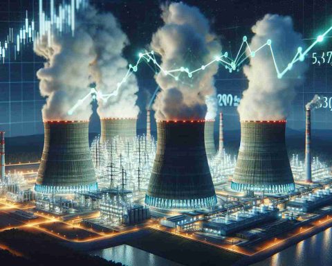 Realistic high definition image of a nuclear power plant operation in full swing. The image should be intricate, capturing the iconic cooling towers puffing steam, the complex structure and the electrifying environment. Also, present is a stock chart projected in the sky indicating a significant potential increase in a specific, non-specified stock by the year 2025.