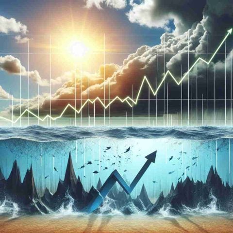 Generate a high-definition, realistic image that viscerally illustrates the concept of a stock soaring by 92%, but with symbolic elements underneath that indicate a hidden risk or danger. Maybe a graph showing a sharp rise juxtaposed against a background of stormy seas, or a contrast between sunny skies above, but with murky waters or rocky terrain below.