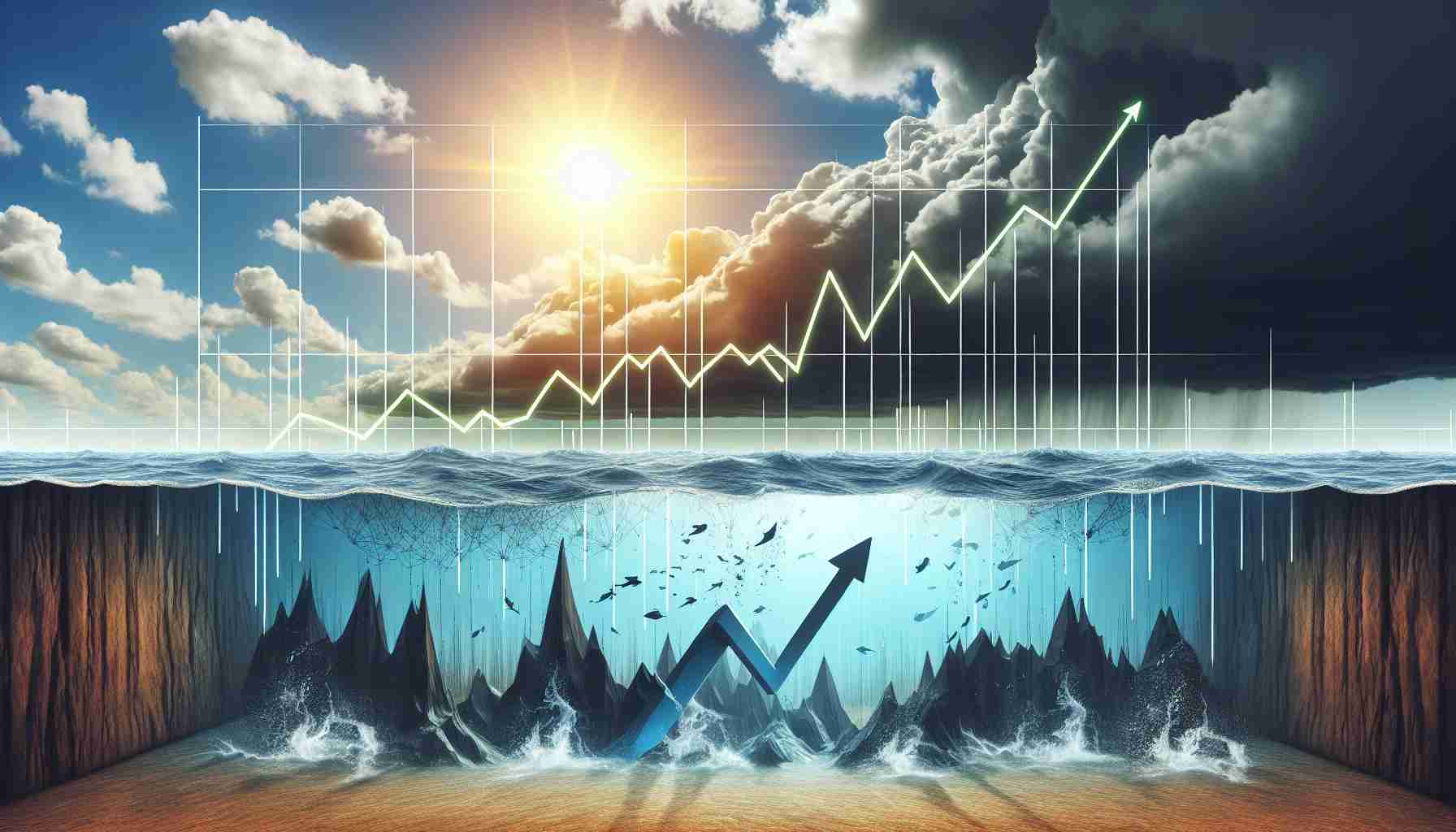 Generate a high-definition, realistic image that viscerally illustrates the concept of a stock soaring by 92%, but with symbolic elements underneath that indicate a hidden risk or danger. Maybe a graph showing a sharp rise juxtaposed against a background of stormy seas, or a contrast between sunny skies above, but with murky waters or rocky terrain below.