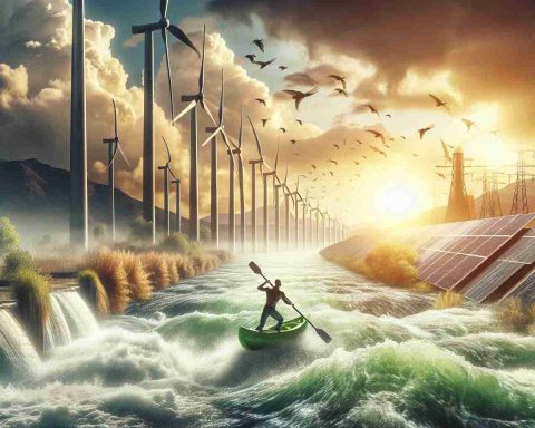 Create a high-definition, realistic image showing the concept of the 'Green Revolution' in progress. Capture an active scene of alternative energy use, such as wind turbines spinning in the breeze, solar panels soaking up the sun, or hydroelectric power being generated by a rushing river. Do not depict any specific individuals leading this charge to avoid the risk of implying that a particular real person is leading this movement. Instead, focus on the collective effort and innovative technologies that symbolize the 'Green Revolution'.