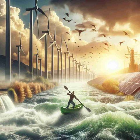 Create a high-definition, realistic image showing the concept of the 'Green Revolution' in progress. Capture an active scene of alternative energy use, such as wind turbines spinning in the breeze, solar panels soaking up the sun, or hydroelectric power being generated by a rushing river. Do not depict any specific individuals leading this charge to avoid the risk of implying that a particular real person is leading this movement. Instead, focus on the collective effort and innovative technologies that symbolize the 'Green Revolution'.