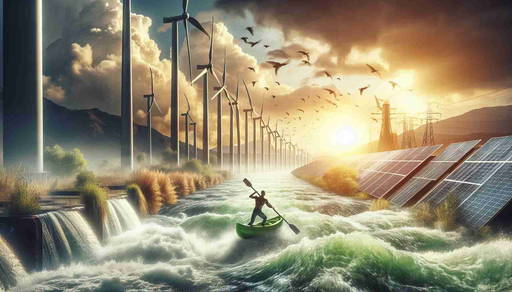 Create a high-definition, realistic image showing the concept of the 'Green Revolution' in progress. Capture an active scene of alternative energy use, such as wind turbines spinning in the breeze, solar panels soaking up the sun, or hydroelectric power being generated by a rushing river. Do not depict any specific individuals leading this charge to avoid the risk of implying that a particular real person is leading this movement. Instead, focus on the collective effort and innovative technologies that symbolize the 'Green Revolution'.