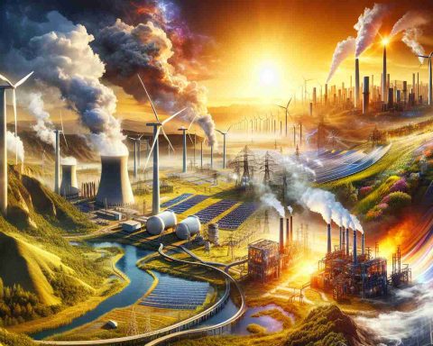 A vivid, realistic and high-definition image representing the future of energy. Depict a scenario showcasing the collaboration of big forces. envisage a large-scale industrial landscape with towering wind turbines, expansive solar farms bathed in sunlight, swirling hydroelectric power generation facilities, geothermal energy plants belching steam, and biofuel farms stretching beyond the eye can see. A representation of a new beginning in energy production revealing the unity and the mutual support among these powerfully diverse elements of the energy sector.