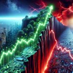 A highly realistic and high-definition image depicting a juxtaposition of two scenes: 'Tech Surge,', represented by an upward curving graph chart glowing with a green light, filled with circuit board patterns, symbolizing growth in the tech industry; and 'Financial Folly', represented by a plummeting graph chart with a red ominous glow, signaling a downfall in market trends. Both graphs are positioned on the edge of a cliff, showcasing the volatility and riskiness of financial markets.