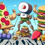 Illustrate an imaginative scenario of a fierce battle between towering entities, each representing different kinds of food. One could be a gigantic pizza fighting a massive burger or a colossal sushi roll competing with a huge bunch of grapes. The scene is full of action and it is clear one of these larger-than-life food characters stands triumphantly, signifying its victory.