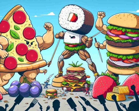 Illustrate an imaginative scenario of a fierce battle between towering entities, each representing different kinds of food. One could be a gigantic pizza fighting a massive burger or a colossal sushi roll competing with a huge bunch of grapes. The scene is full of action and it is clear one of these larger-than-life food characters stands triumphantly, signifying its victory.