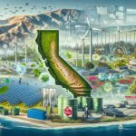 A high-definition, realistic image representing the concept of California's green economy. Show various renewable resources such as wind turbines or solar panels set against California's diverse landscapes like beaches, forests and mountains. Additionally, depict aspects like electric vehicle charging stations, recycling facilities, or people planting trees. Include elements of strategizing, like diagrams and flowchart to imply the planning behind this green economy. Add a layer of 'exclusivity' with hints of confidential files marked 'Top Secret' or 'Classified', to denote the 'Secret Strategies'.