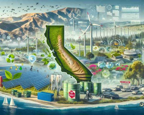 A high-definition, realistic image representing the concept of California's green economy. Show various renewable resources such as wind turbines or solar panels set against California's diverse landscapes like beaches, forests and mountains. Additionally, depict aspects like electric vehicle charging stations, recycling facilities, or people planting trees. Include elements of strategizing, like diagrams and flowchart to imply the planning behind this green economy. Add a layer of 'exclusivity' with hints of confidential files marked 'Top Secret' or 'Classified', to denote the 'Secret Strategies'.